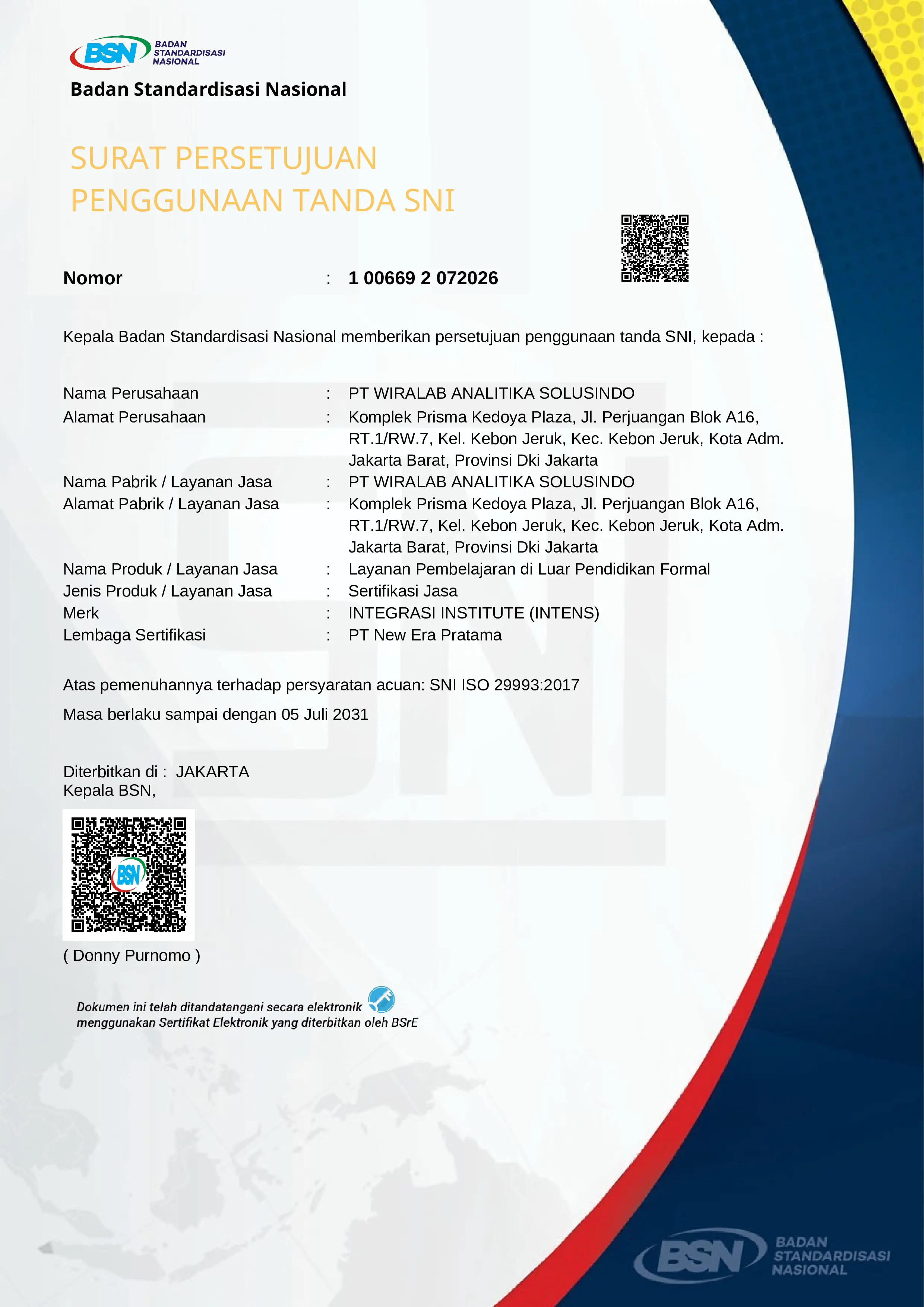 Surat Persetujuan Penggunaan Tanda SNI dari BSN